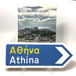 Cover of Athens book along with Athens Greek Road Sign with an arrow pointing to the right. 